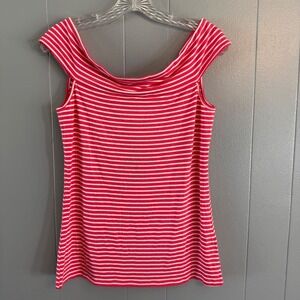 Y2K 90s Size Large Striped Tank Top Pink White Sleeveless Boat Neck‎ NEW